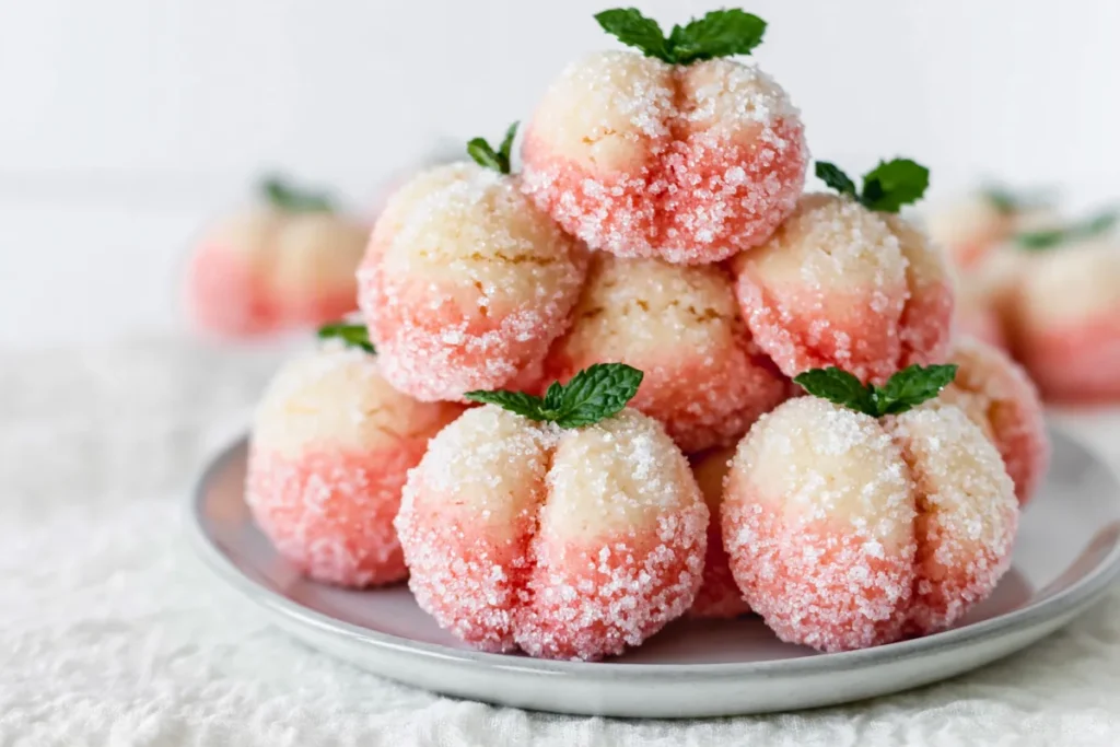 Sweet Ricotta Peach Cookies (Pesche Dolci) with Citrus Ricotta Filling 22 Colored Sweet Ricotta Peach Cookies with sugar coating mint leaves and citrus ricotta filling