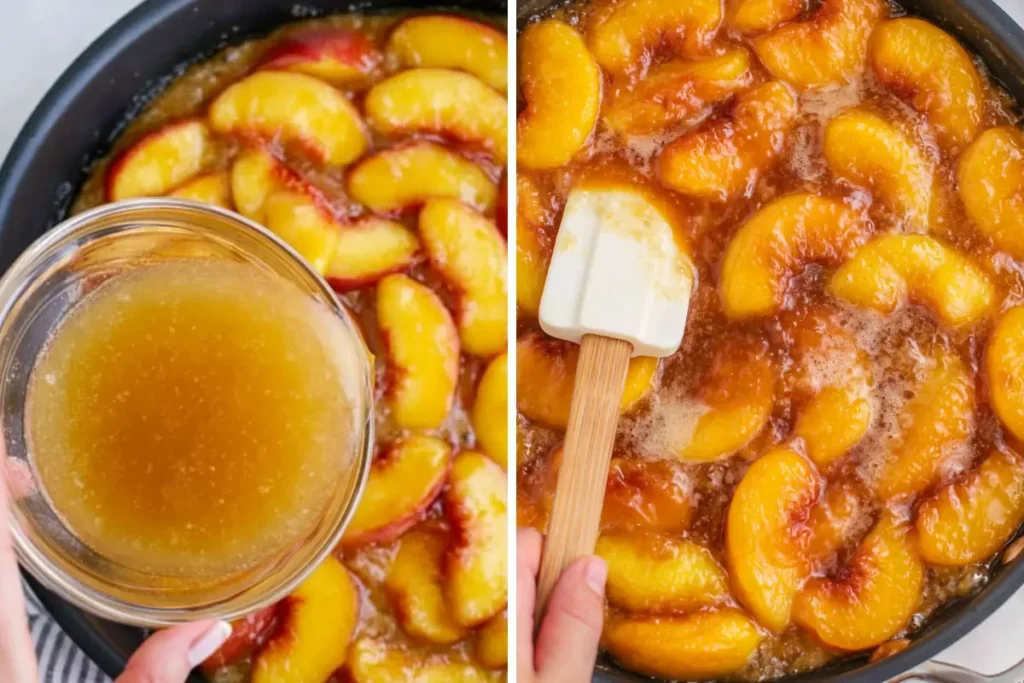 Cornstarch slurry thickening peach filling for The Girl Inspired Peach Cobbler Cheesecake