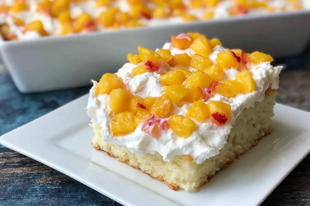 Peaches and Cream Poke Cake with Fresh Peach Filling 9 Peaches and Cream Poke Cake slice with cream topping and fresh peach chunks