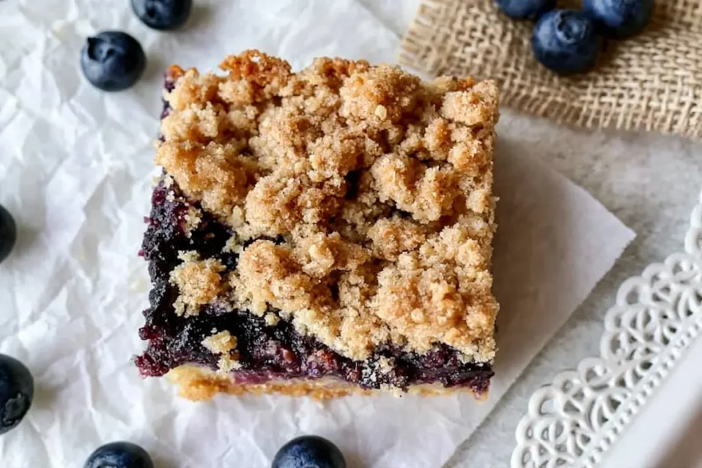 Crumble Topping on a blueberry dessert bar showing crisp golden crumbs and fruit filling