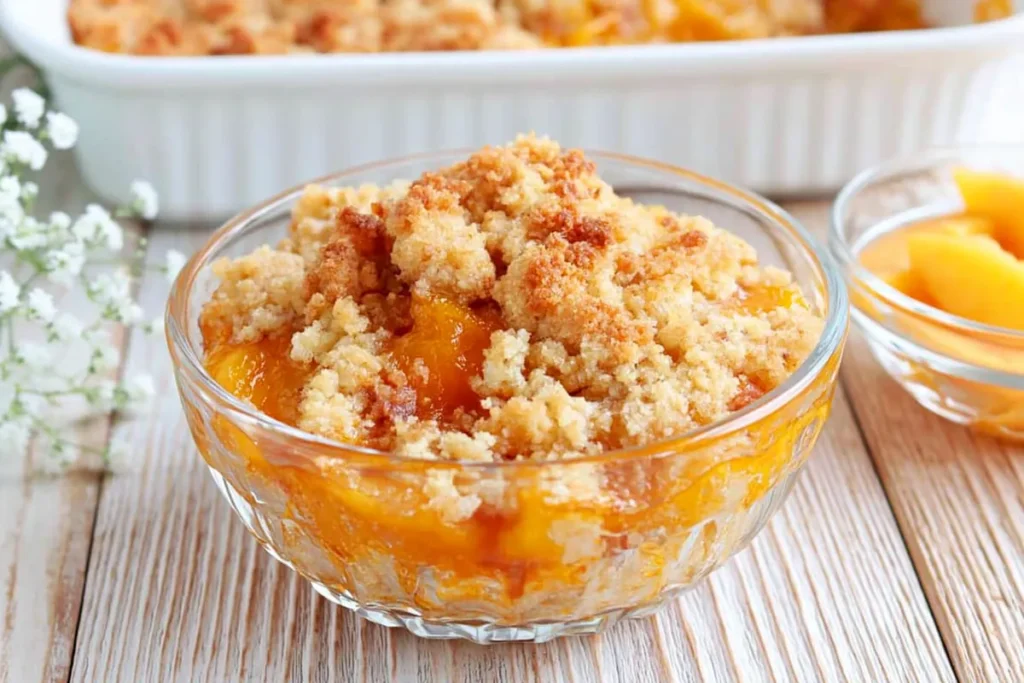Crumble Topping served over warm peach dessert in a glass bowl