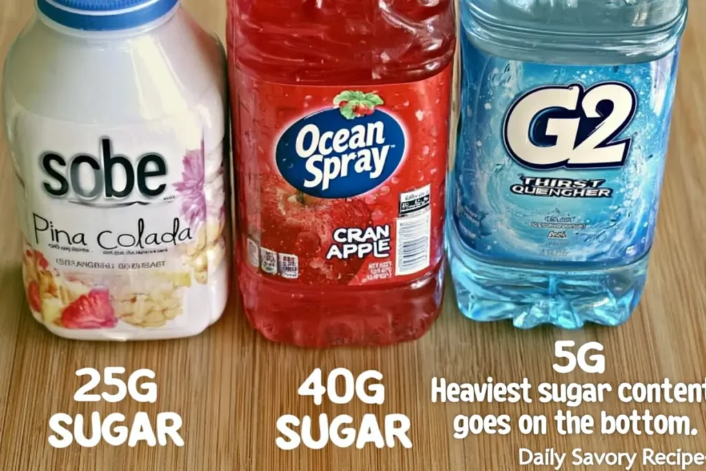 Non-Alcoholic Layered Drinks for Summer Parties 6 Non-alcoholic layered drinks ingredients showing red CranApple juice white drink and blue sports drink