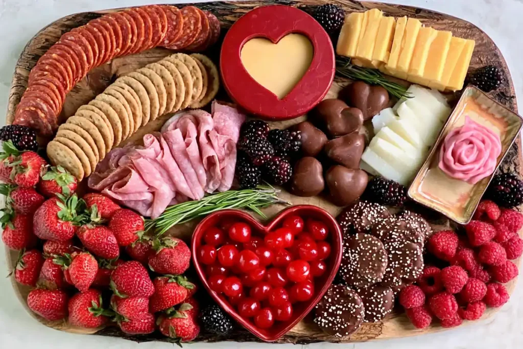 Valentine Charcuterie Board for date night with heart gouda berries cured meats crackers and chocolate