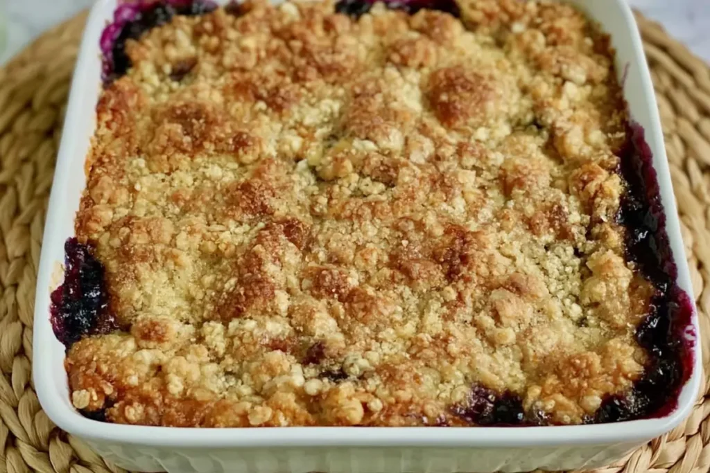 Easy Cherry Crisp That Comes Together Fast 16 Easy Cherry Crisp finished in a white baking dish with bubbling cherries and golden topping