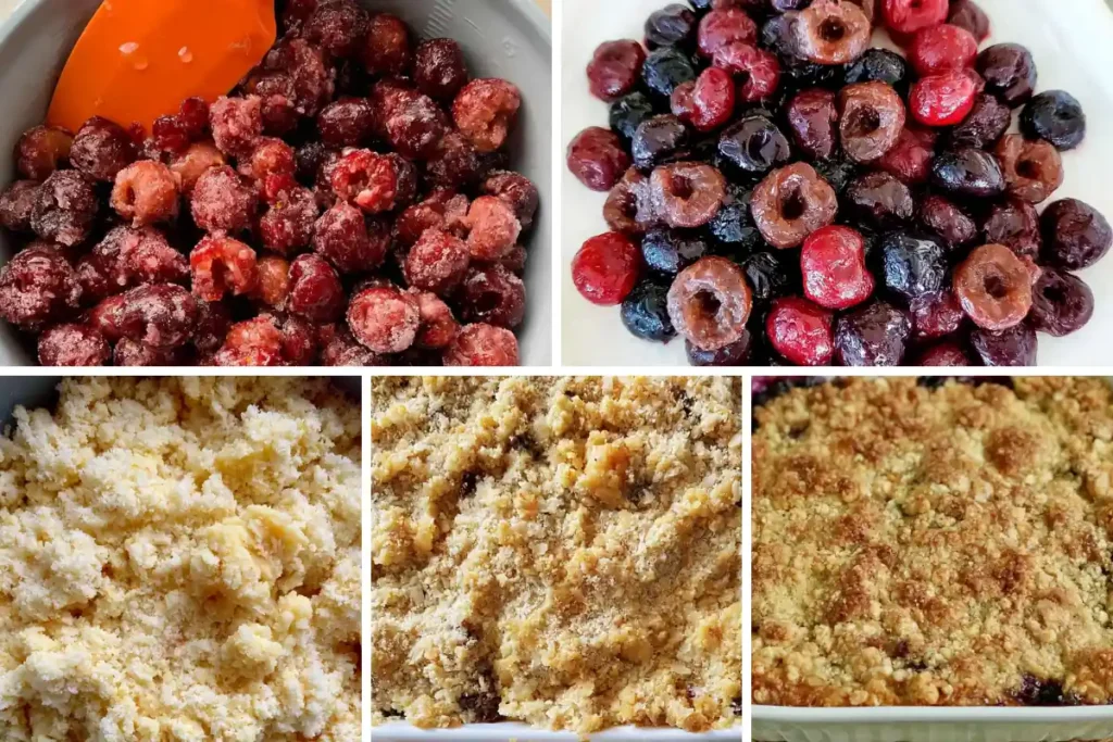 Easy Cherry Crisp That Comes Together Fast 14 Easy Cherry Crisp step by step process showing cherries, crumb topping, and baked dessert