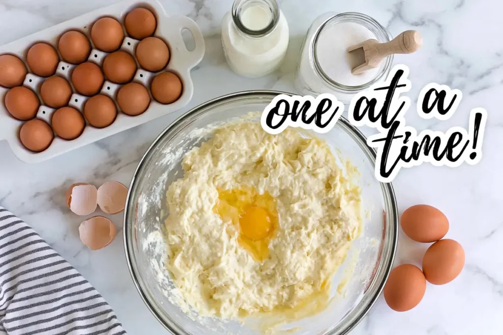 Egg added by hand to cheesecake batter for The Girl Inspired Peach Cobbler Cheesecake