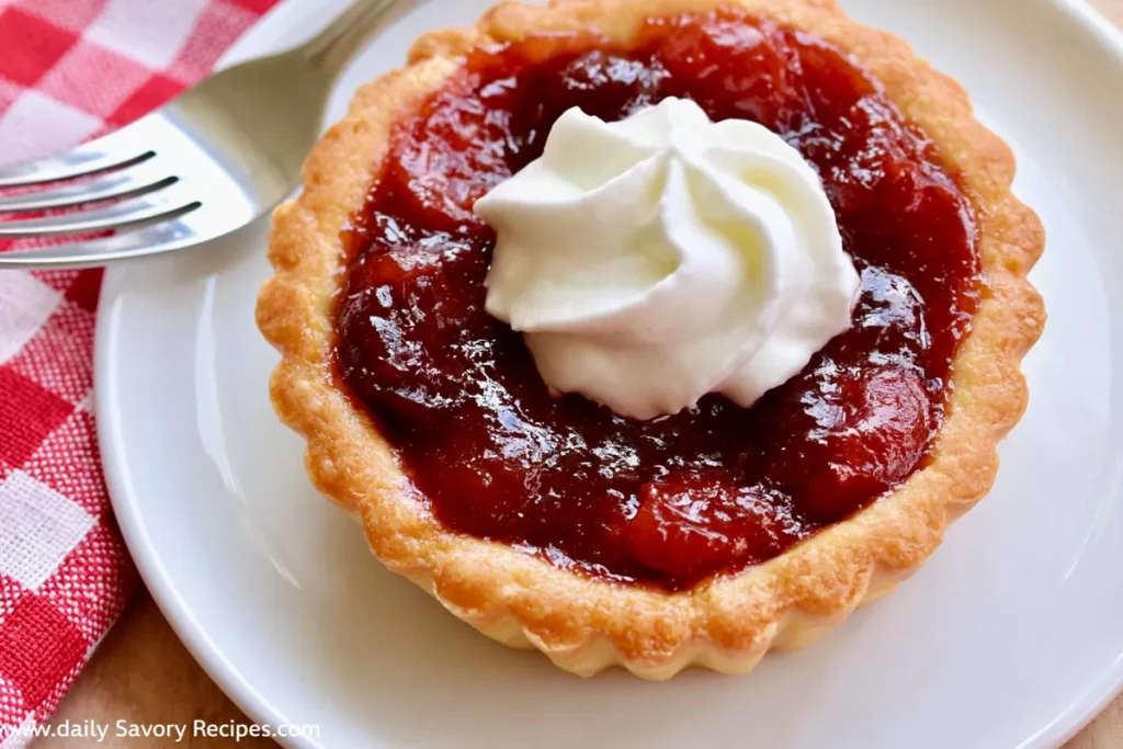 Mini Cherry Tarts with Cream Cheese Crust (Easy Homemade Version) 10 Mini Cherry Tarts filled neatly with cherry pie filling and finished with whipped cream