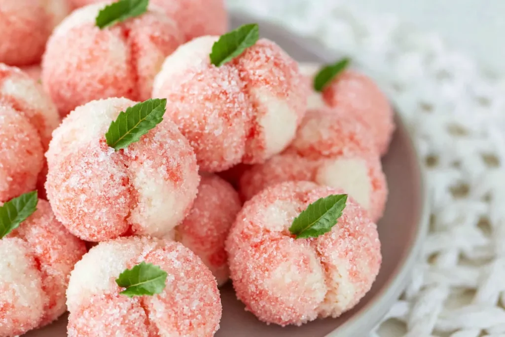 Sweet Ricotta Peach Cookies (Pesche Dolci) with Citrus Ricotta Filling 21 Filled Sweet Ricotta Peach Cookies with ricotta seams sugar coating and mint leaves on a pink plate