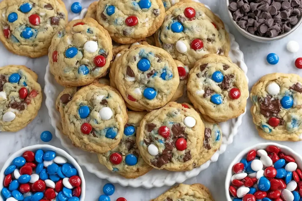 Finished batch of 4th of July monster cookies with golden edges chocolate chips and patriotic M&Ms