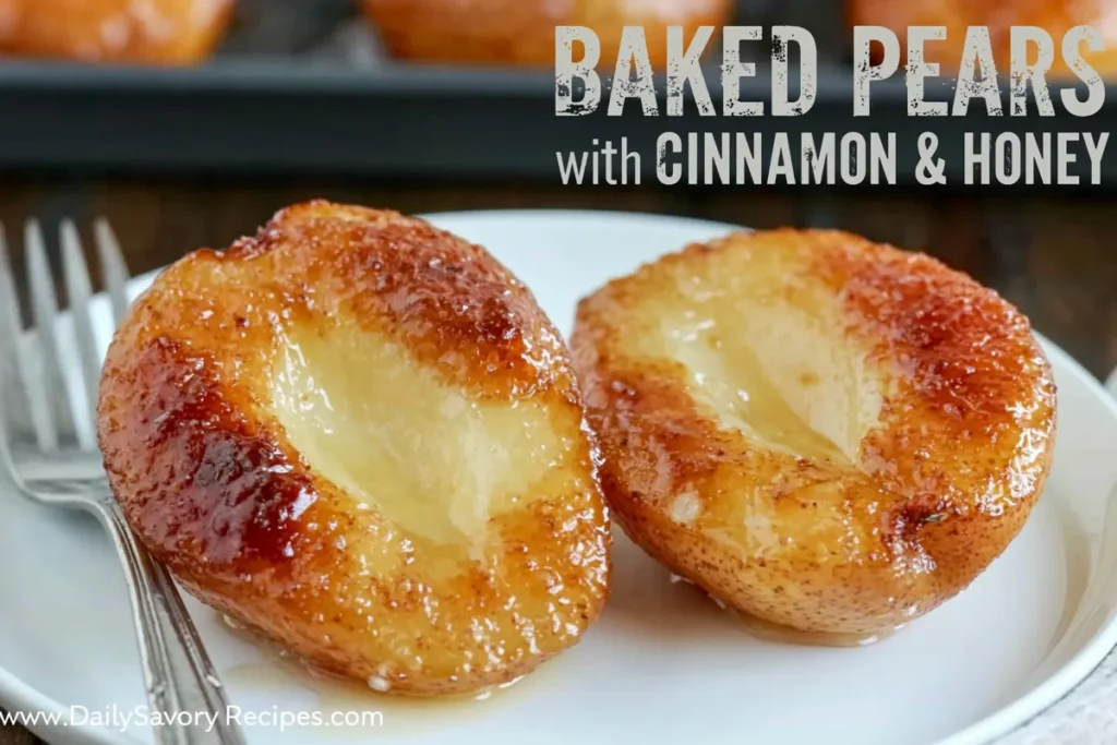 Finished Baked Pears with honey cinnamon glaze served warm on a blue plate