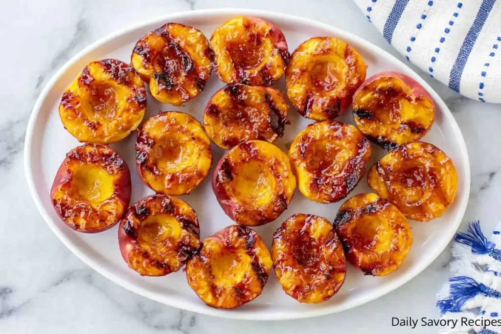 Finished Grilled Peaches with cinnamon butter served on a white plate