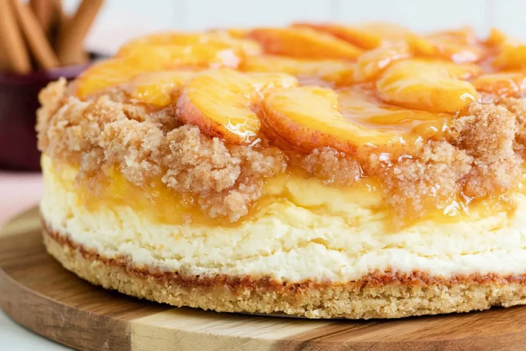 Finished whole The Girl Inspired Peach Cobbler Cheesecake with peaches and golden cobbler topping