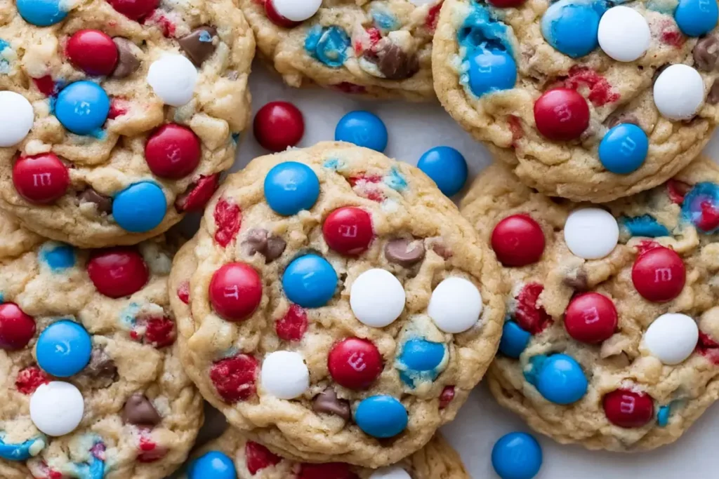 Fresh baked 4th of July monster cookies with oats chocolate chips and red white and blue M&Ms
