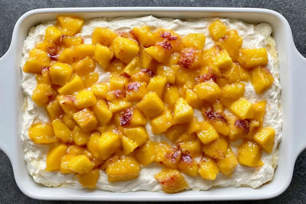 Peaches and Cream Poke Cake with Fresh Peach Filling 8 Peaches and Cream Poke Cake topped with fresh peach filling in a white baking dish