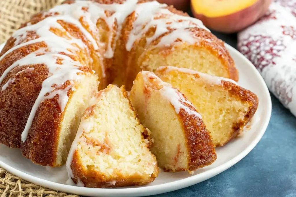 Fresh Peach Pound Cake with cream cheese glaze and fresh peaches on a rustic counter
