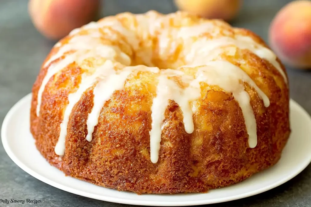Fresh Peach Pound Cake with golden crust and cream cheese glaze after baking in a tube pan