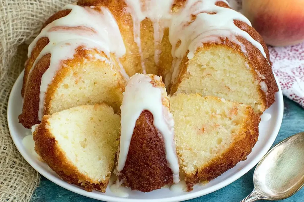 Fresh Peach Pound Cake ingredients with peach schnapps, buttermilk, diced peaches, and cake slice