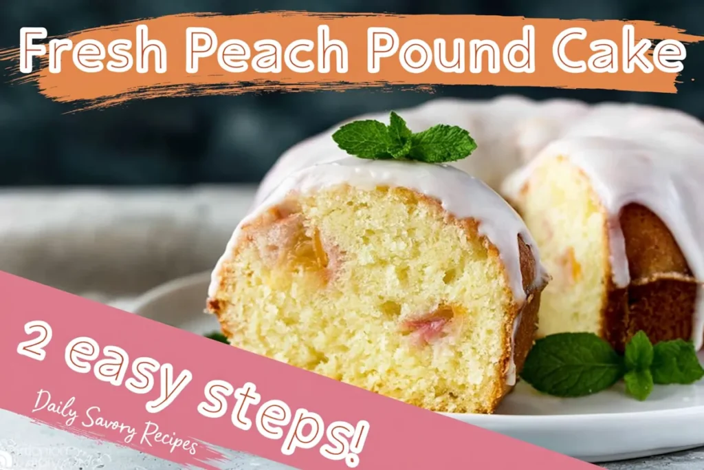 Fresh Peach Pound Cake sliced on a white plate with cream cheese glaze and ripe peaches