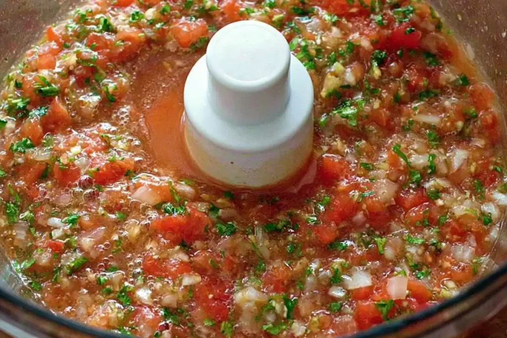 Fresh Peach Tomato Salsa pulsed in a food processor with chunky tomato peach texture