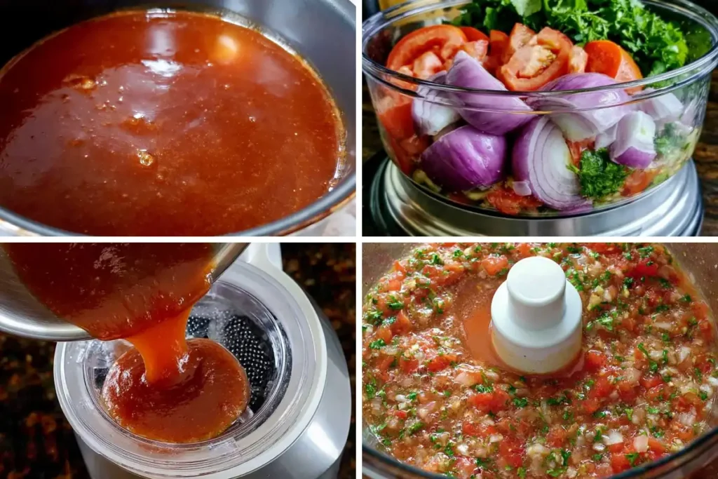 Fresh Peach Tomato Salsa ingredients and vinegar mixture prepared in a food processor
