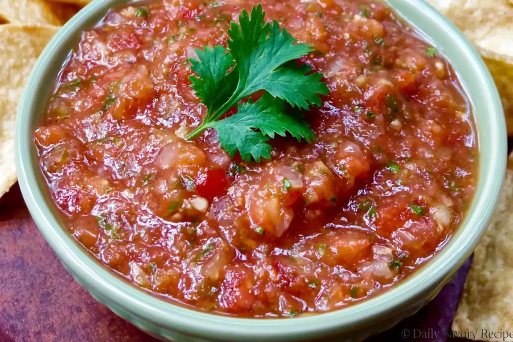Fresh Peach Tomato Salsa served chilled with tortilla chips and cilantro garnish