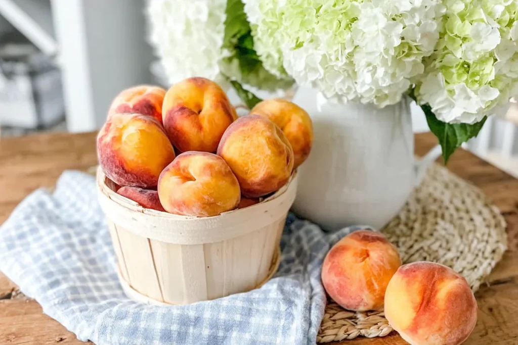 Honey Syrup Canned Peaches (A Simple Water Bath Method) 7 Fresh peaches for Honey Syrup Canned Peaches arranged with a kitchen towel and flowers