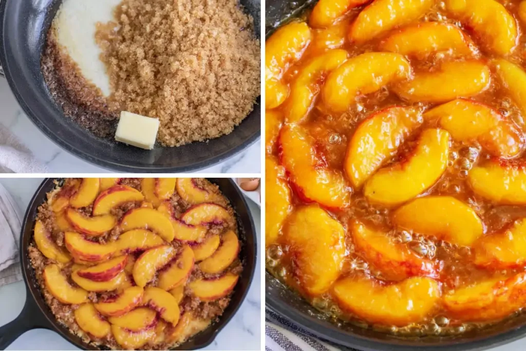 Fresh peaches simmering in brown sugar syrup for The Girl Inspired Peach Cobbler Cheesecake