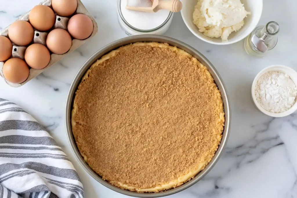 Graham cracker crust pressed into a springform pan for The Girl Inspired Peach Cobbler Cheesecake