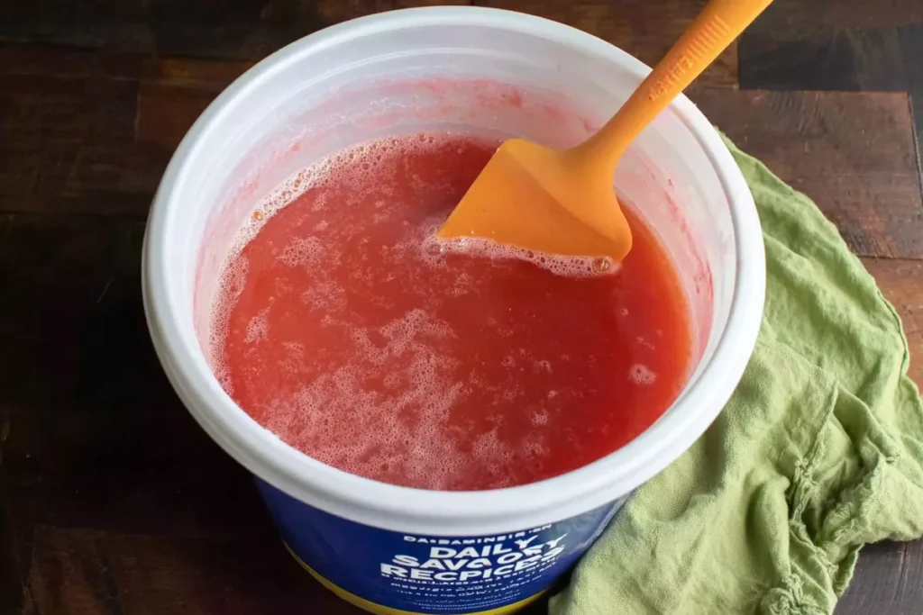 Grandma's Peach Punch for Parties, Showers, and Family Gatherings 7 Grandma's Peach Punch base mixed with peach gelatin and sugar before freezing