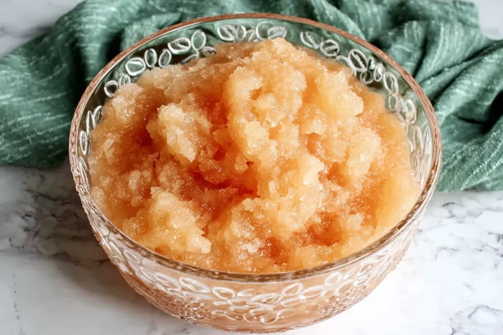 Grandma's Peach Punch for Parties, Showers, and Family Gatherings 9 Grandma's Peach Punch frozen slushy base broken into icy peach pieces before adding soda