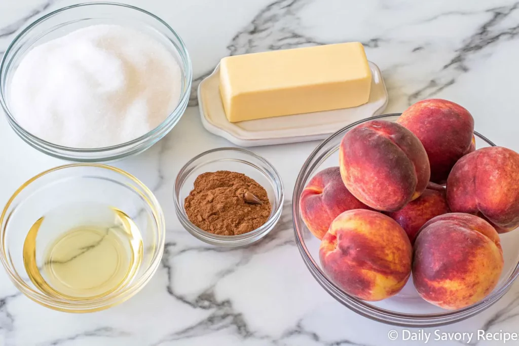 Grilled Peaches ingredients with ripe peaches olive oil butter sugar and cinnamon on a kitchen counter