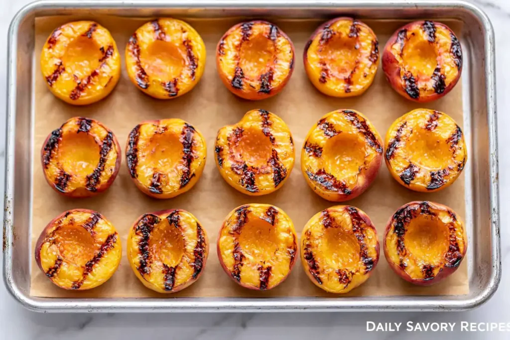 Grilled Peaches with char marks resting on a rimmed baking sheet after grilling