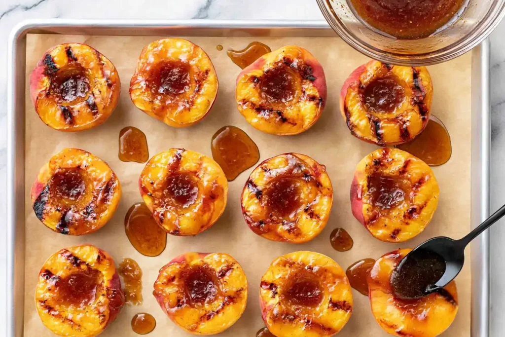 Grilled Peaches topped with cinnamon butter on a rimmed baking sheet