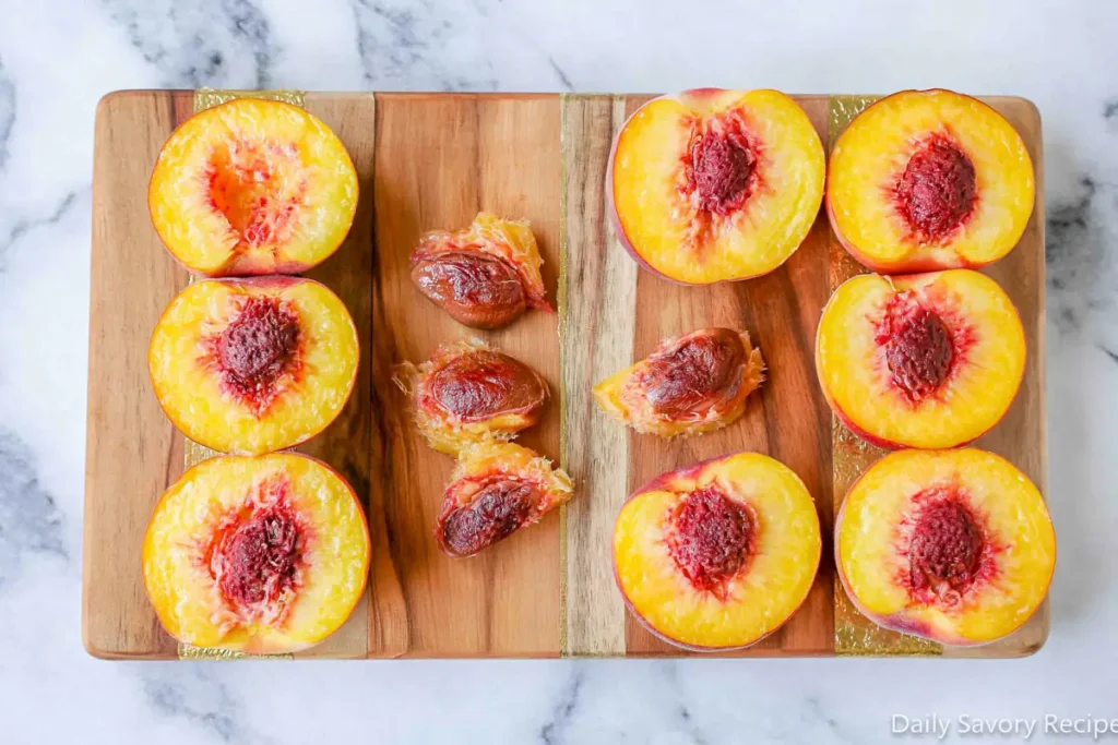 Grilled Peaches preparation with ripe peach halves cut and pitted on a wooden board