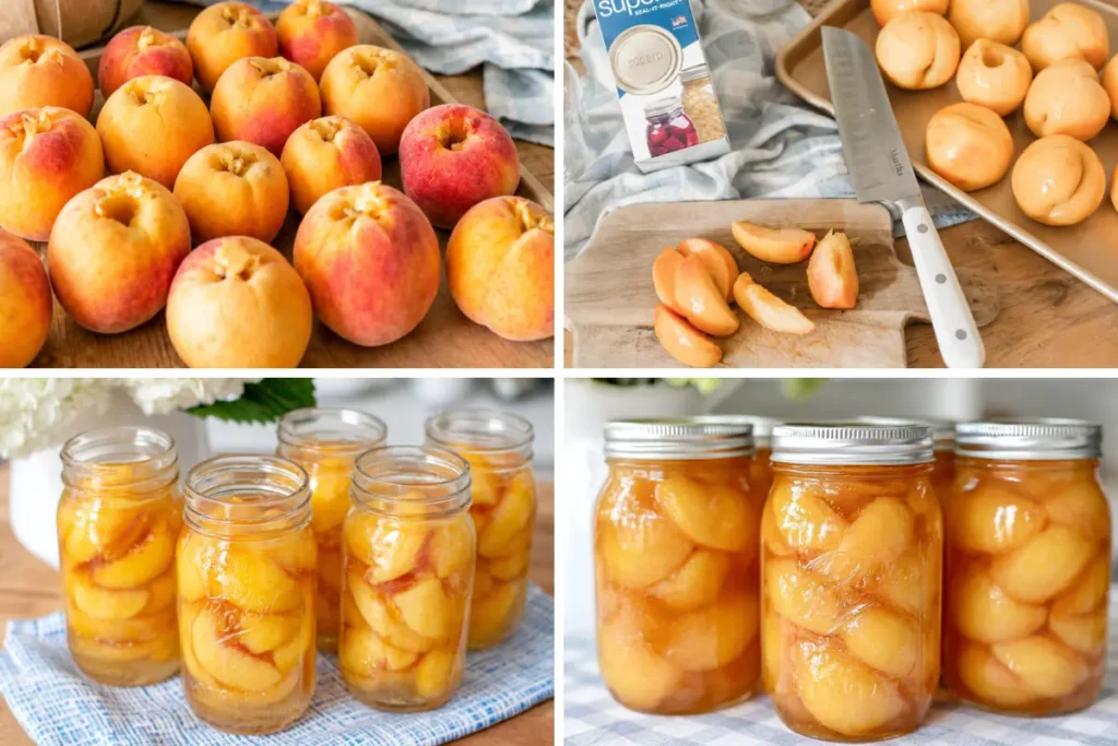 Honey Syrup Canned Peaches (A Simple Water Bath Method) 10 Honey Syrup Canned Peaches process collage showing peaches jars and finished canned fruit
