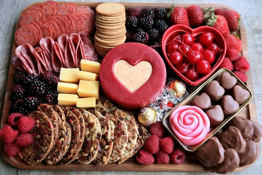 How to arrange a Valentine Charcuterie Board with cheese slices salami crackers berries chocolate and rosemary garnish