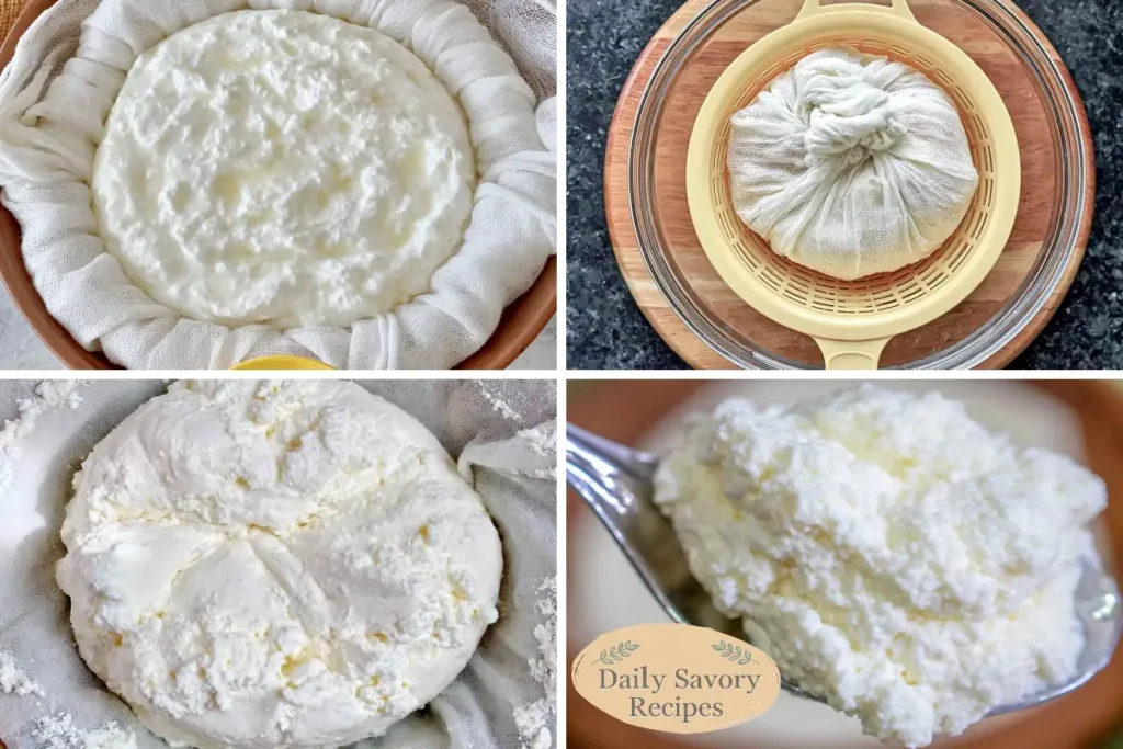 Baked Yogurt Pistachio Crust with Saffron and a Creamy Indian-Style Finish 17 Strained yogurt for Baked Yogurt Pistachio Crust draining in muslin cloth over a bowl