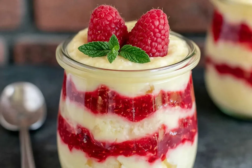 Lemon Raspberry Fluff That Comes Together in 10 Minutes 6 Close-up Lemon Raspberry Fluff with creamy lemon layers, smashed raspberries, and mint garnish