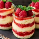 Chef Taha Ayad's Recipe Lemon Raspberry Fluff in glass jars with raspberry layers and mint garnish