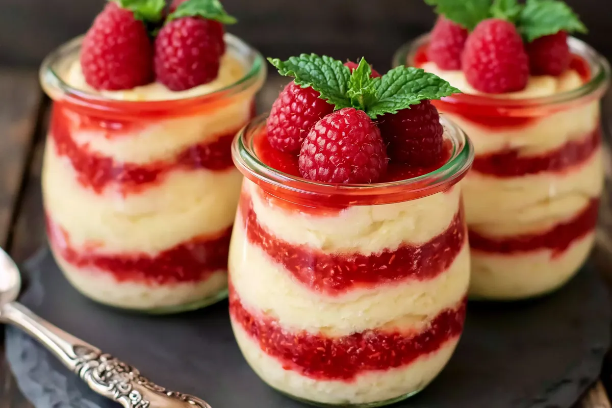Chef Taha Ayad's Recipe Lemon Raspberry Fluff in glass jars with raspberry layers and mint garnish