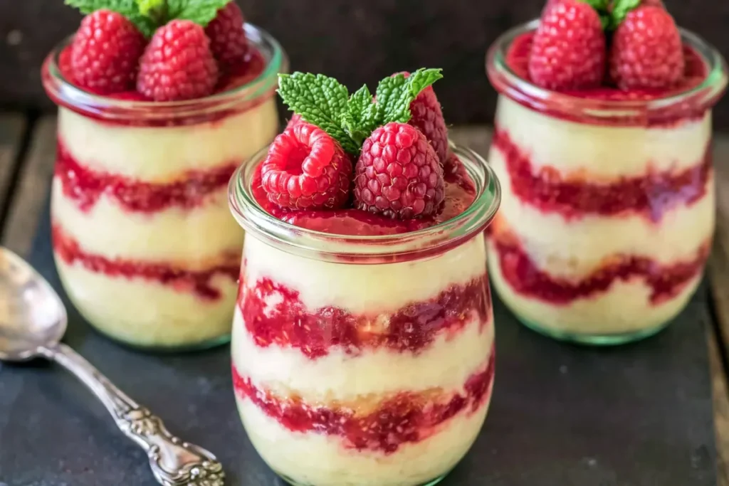 Lemon Raspberry Fluff That Comes Together in 10 Minutes 5 Lemon Raspberry Fluff layered in individual jars with smashed raspberries and mint garnish