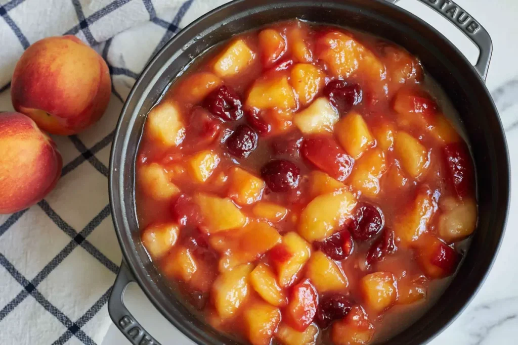 Nectarine Jam Without Pectin (With Canning and Storage Tips) 12 Macerated nectarines for Nectarine Jam resting in a Dutch oven before cooking