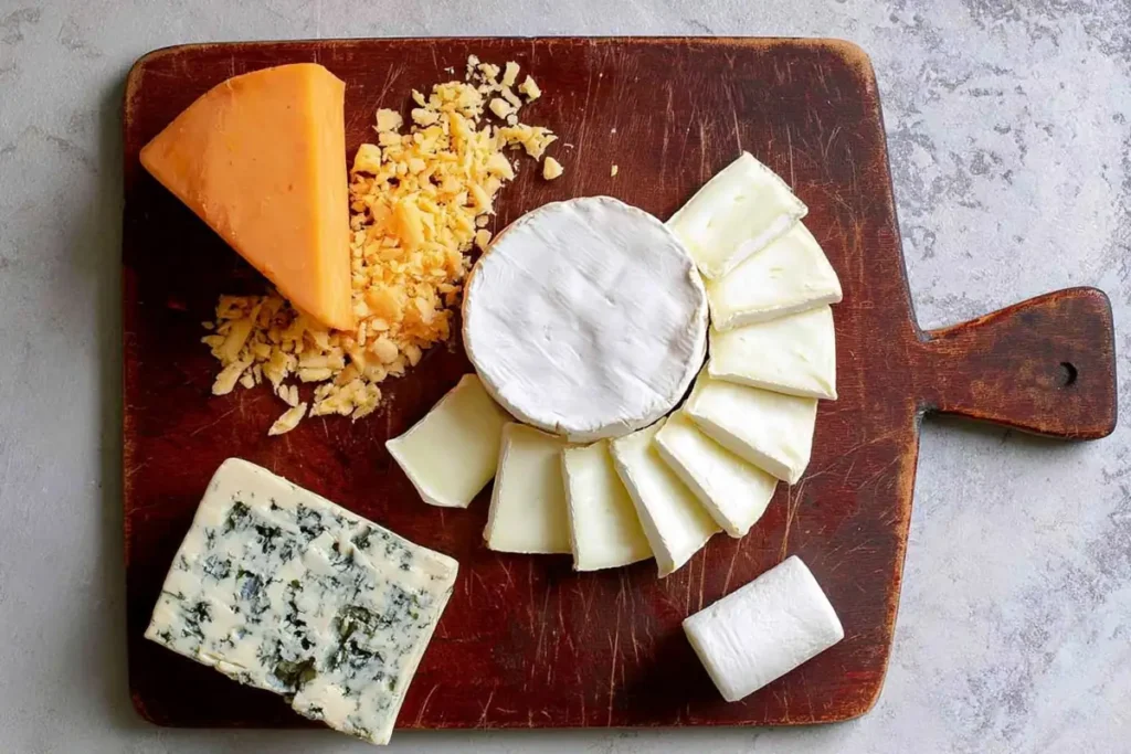 Meat and Cheese Board assembly step with gouda camembert stilton and goat cheese placed on a wooden board