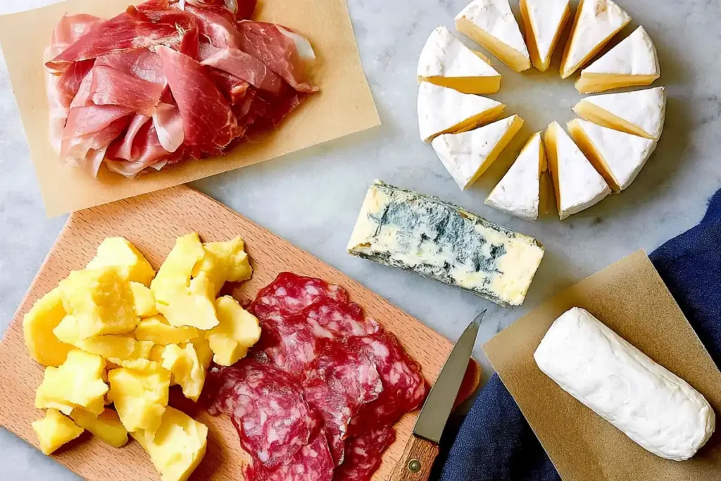Meat and Cheese Board ingredients with gouda camembert goat cheese stilton soppressata and prosciutto