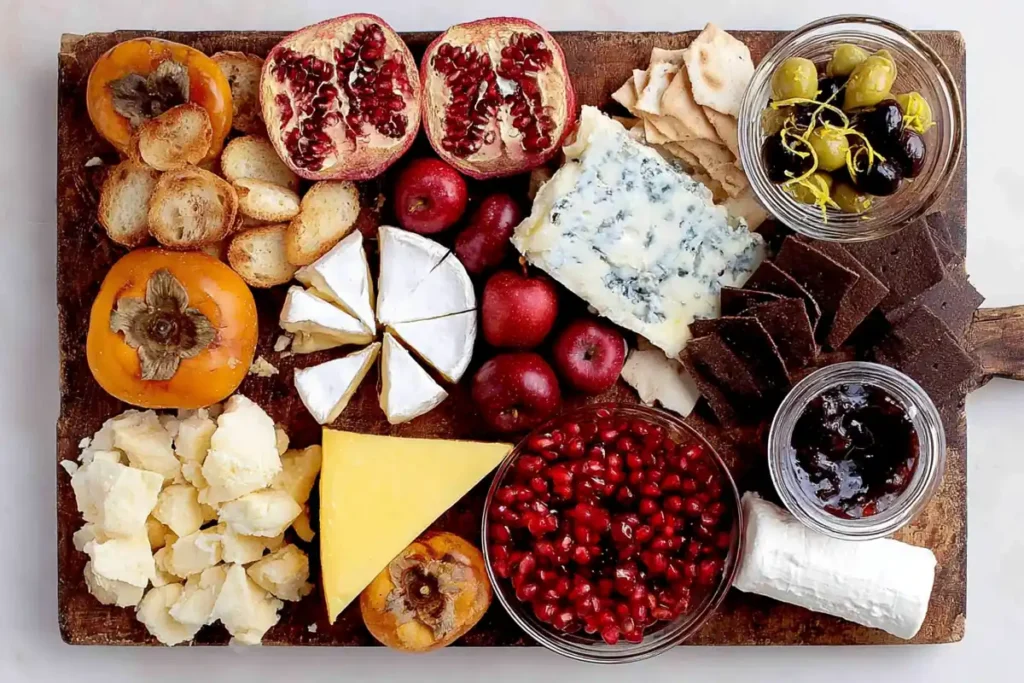 Meat and Cheese Board assembly with crackers crostini cheeses fruit honey olives and pomegranate arranged on a wooden board