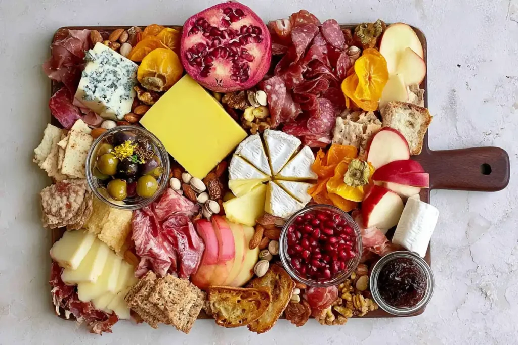 Finished Meat and Cheese Board with fall fruit cheeses cured meats crackers honey olives nuts and pumpkin seeds