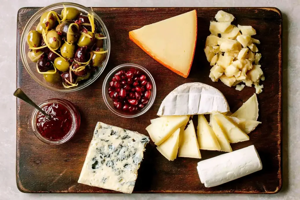 Meat and Cheese Board assembly with small jars of honey olives and pomegranate seeds added between cheeses