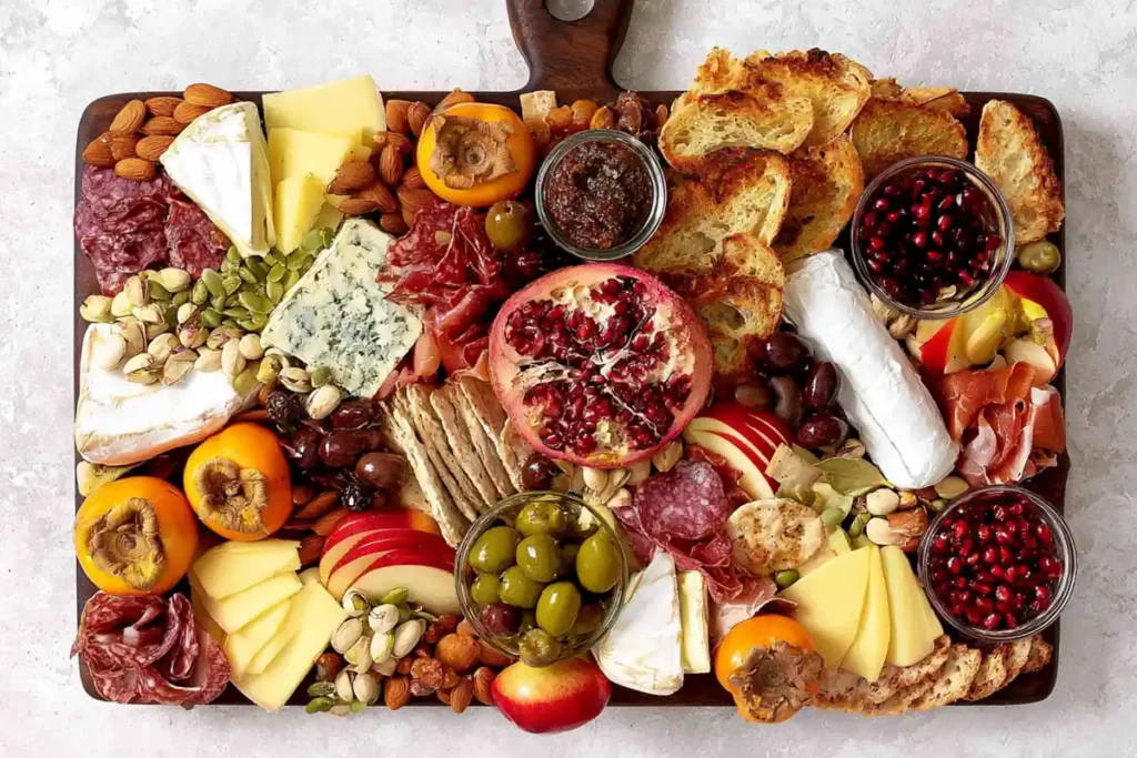 Meat and Cheese Board with prosciutto soppressata cheeses crackers honey olives and fall fruit added in layers