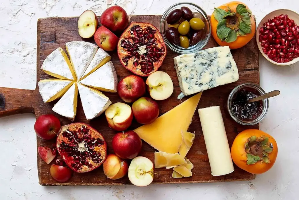 Meat and Cheese Board assembly with apples persimmons pomegranate and seasonal fruit added around the cheeses