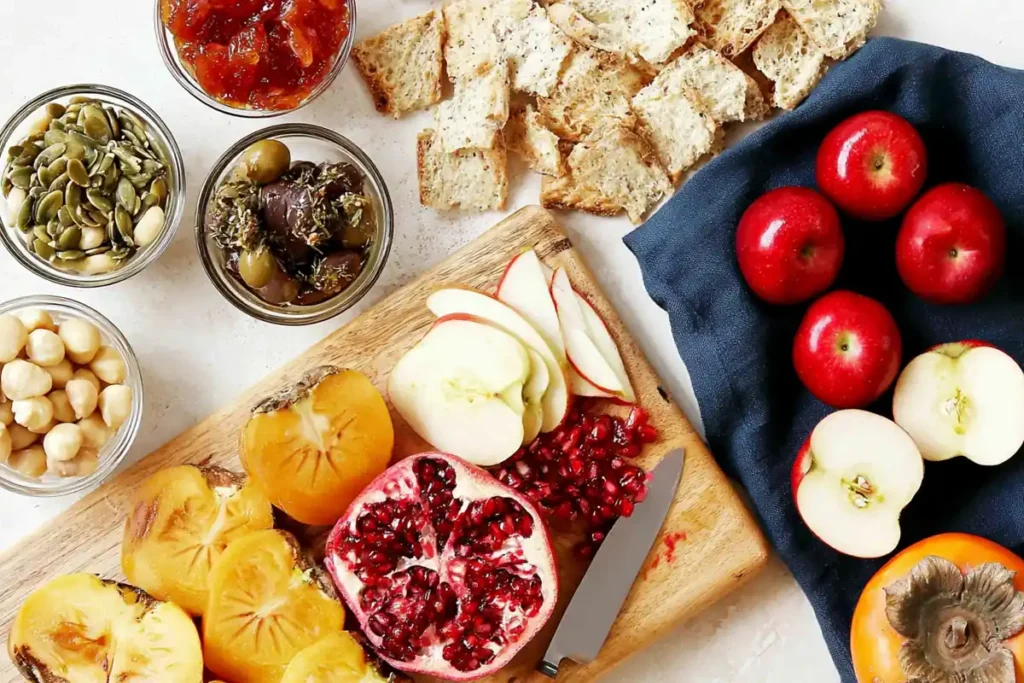 Meat and Cheese Board seasonal fruit nuts honey olives crackers and pomegranate seeds prepared for assembly